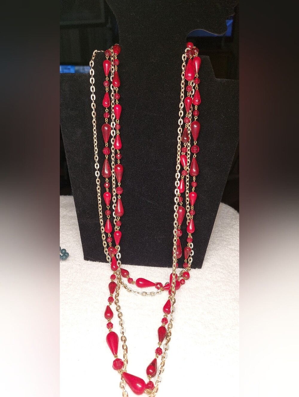 Gold Chain Multi-Strand Red Teardrop Necklace - Women Jewelry